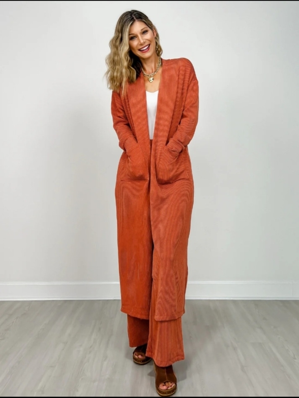 Dear Scarlett Boutique Wide-Leg Ribbed 2pc Set inTerracotta Nwt Sz S
